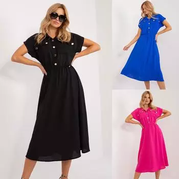 Женская одежда однотонное повседневное платье с коротким рукавом и пуговицами средней длины S