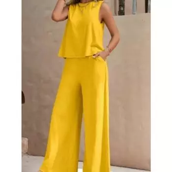 Женская одежда, однотонный элегантный комплект из двух предметов, топ без рукавов, широкие свободные брюки XS жёлтый