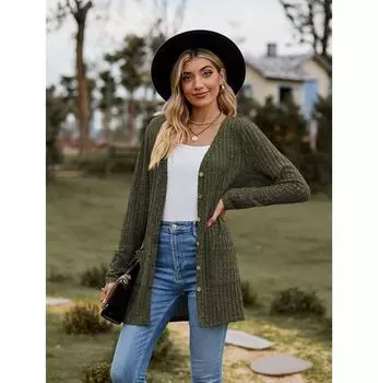 Женская одежда, однотонный кардиган с карманами на пуговицах, повседневный свитер с длинными рукавами для весны и осени XXL чёрный