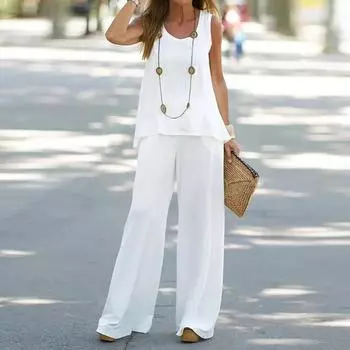 Женская одежда, однотонный комплект из двух предметов, повседневная майка без рукавов, свободные брюки 5XL белый