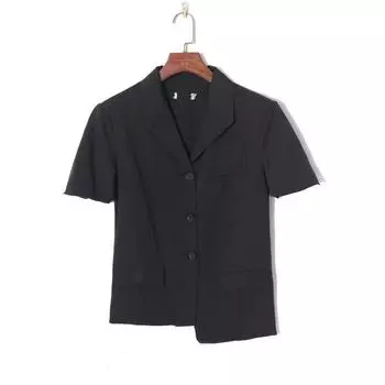 Женская одежда осень 2023 K-стиль однотонный элегантный лацкан однобортный свободный с подплечниками асимметричный с коротким рукавом верхняя одежда костюм Black S