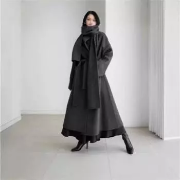 Женская одежда осень и зима новая шерстяная куртка на шнуровке женская длинная корейская версия свободный шарф большого размера шерстяной S