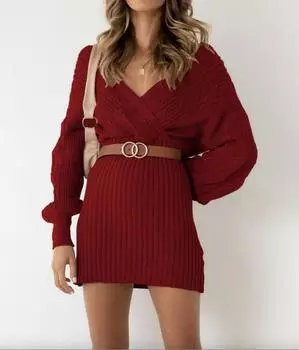 Женская одежда осень и зима новинка европейская и американская повседневная V-образный вырез рукав летучая мышь трикотажное платье с запахом на бедрах женское One Size бежевый