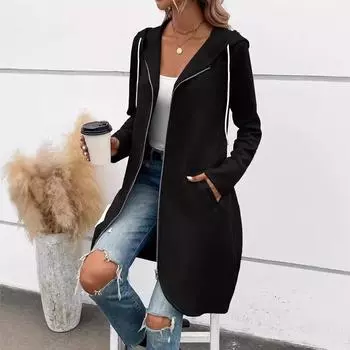 Женская одежда, осень и зима, новый черный женский тренч с капюшоном, свободное повседневное удлиненное пальто S чёрный