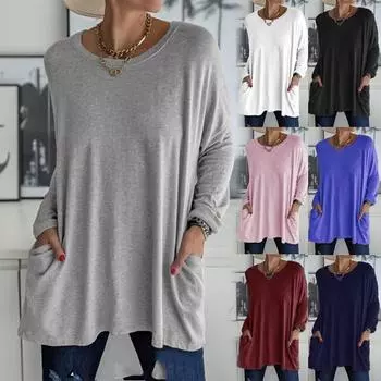 Женская одежда Осень-Весна с длинным рукавом Футболка с круглым вырезом Блузка с длинными рукавами; Карманные футболки для женщин; Свободные топы XXXXXL