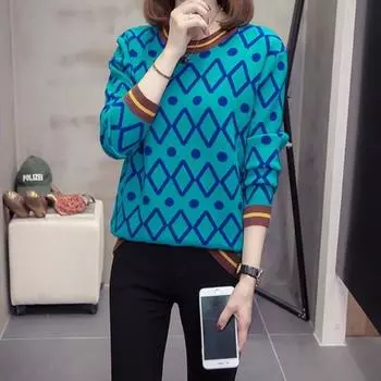 Женская одежда Осень Зима Круглый вырез Длинный рукав Пуловер Геометрический свитер Вязаный элегантный Повседневный контрастный цвет Топы L павлин голубой