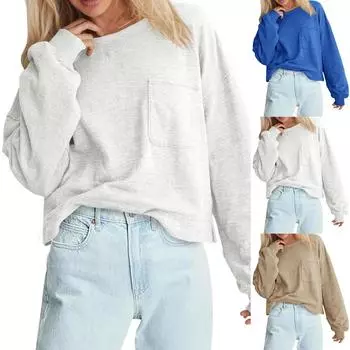 Женская одежда Осень ЗимаКруглый вырез Длинный рукав Большой свободный плюшевый утолщенный топ S белый