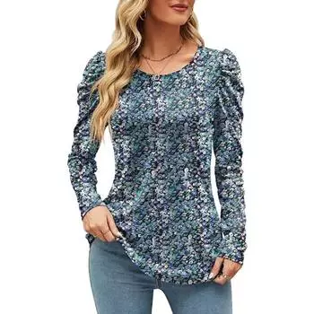 Женская одежда, осенне-зимняя футболка для женщин, топ с круглым вырезом и длинными рукавами с цветочным принтом S синий