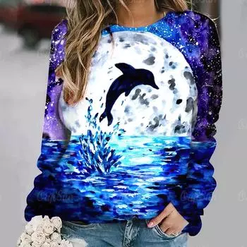 Женская одежда, осенний топ с длинными рукавами, толстовка с 3d принтом дельфина, новинка 2024 года, осенняя винтажная футболка Harajuku, женские толстовки S