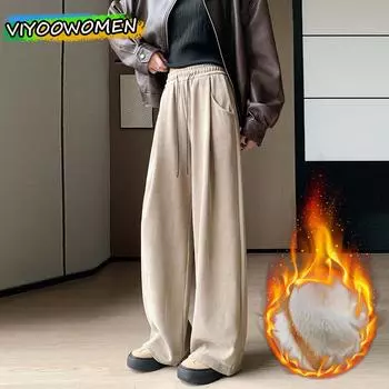 Женская одежда Plus Velvet Knit Casual Thin / Thick Брюки Брюки Широкие брюки на шнурке для женщин Корейская модная одежда XL