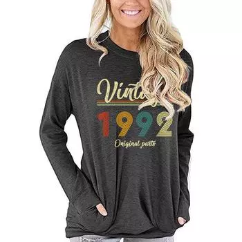 Женская одежда Подарок на 32-й день рождения Винтаж 1992 Графический Осенний Длинный Рукав Пуловеры Женский Родился 1992 Essential Винтаж Осенние Толстовки S чёрный
