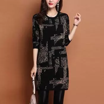 Женская одежда Повседневная футболка миди с принтом Винтажная футболка с круглым вырезом Осень-зима с длинным рукавом Корейская свободная универсальная сплайсированная кофта L чёрный/хаки