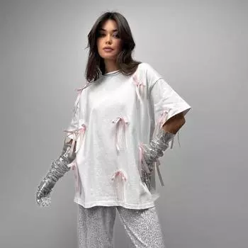 Женская одежда, повседневная рубашка оверсайз с бантом, летняя модная элегантная футболка с короткими рукавами и круглым вырезом Y2k M розовый