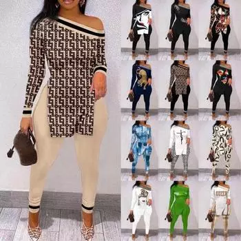 Женская одежда, повседневный комплект из двух предметов с разрезом подол, топы с длинными рукавами и узкие длинные однотонные брюки, комплект женской повседневной одежды XXXXL