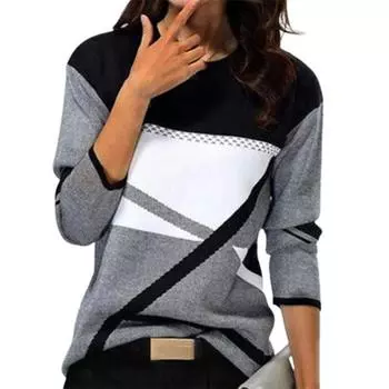 Женская одежда Повседневный топ с v-образным вырезом и длинным рукавом в стиле пэчворк с принтом Свободные хлопковые рубашки Женские женские базовые футболки больших размеров Пуловеры Блузки M