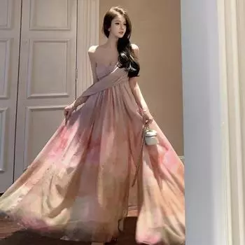 Женская одежда ретро масляная живопись размазывание топ-труба с открытой спиной тонкое платье S