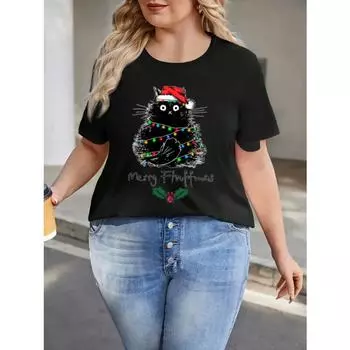 Женская одежда Рождественский принт кота Повседневная футболка с круглым вырезом и коротким рукавом XL