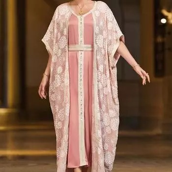 Женская одежда розовая вышитая стежка атласная имитация двух частей свободного мусульманского платья абайя L розовый