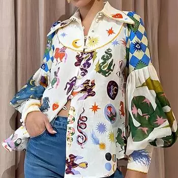 Женская одежда Рубашки Блузки Женская рубашка New Temperament Commuter Print Lapel Single Breasted Lantern Sleeve Shirt For Women S