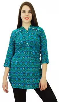 Женская одежда с цветочным принтом Phagun 3 4 рукава повседневная короткая хлопковая куртка Курти 10 синий