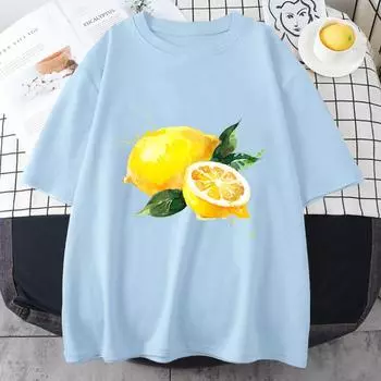 Женская одежда с изображением фруктов и граната Harajuku, мультяшный лимонный принт, белая футболка, трендовая женская удобная повседневная футболка больших размеров с круглым вырезом S светло-синий