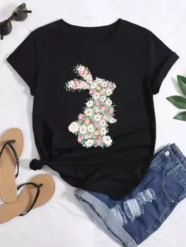 Женская одежда с короткими рукавами, милый топ с принтом кролика, модная футболка с акварельным цветочным принтом, тренд 90-х, одежда с узором на лето TS S