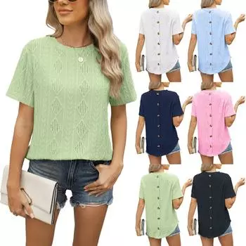 Женская одежда с короткими рукавами, весна-лето, новая футболка с круглым вырезом, застежка на пуговицы сзади, жаккардовая футболка с короткими рукавами, женские топы S белый