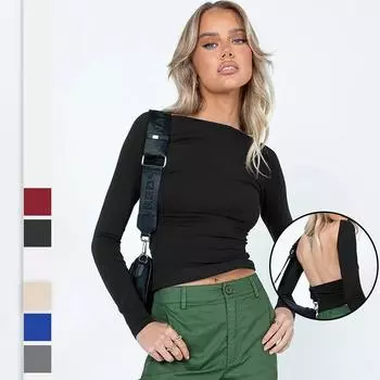 Женская одежда с круглым вырезом, уличная одежда, тонкие футболки с открытой спиной и длинными рукавами, укороченные топы, сплошной цвет XS белый