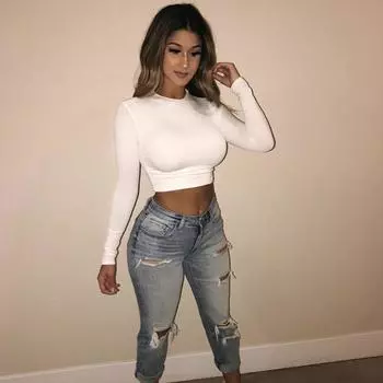 Женская одежда с круглым вырезом, уличная одежда, тонкие дышащие футболки с длинными рукавами, облегающие укороченные топы с подкладкой, сплошной цвет S белый