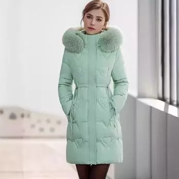 Женская одежда с меховым воротником средней и большой длины, облегающая и тонкая, утолщенная теплая и универсальная куртка из хлопка. L хаки