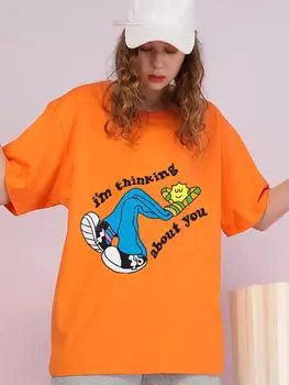 Женская одежда с принтом «Я думаю о тебе», футболка большого размера, модные хлопковые топы, футболка, летняя свободная футболка S оранжевый