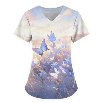 Женская одежда с V-образным вырезом, фантазийным элементом в виде бабочки, 3D-принтом, рабочая одежда для медсестры с карманами, футболка, повседневный топ с короткими рукавами S