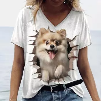 Женская одежда с v-образным вырезом и 3d принтом Fissures Animals, повседневные топы с короткими рукавами, Harajuku, женская футболка, свободный пуловер Kawaii S