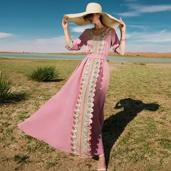 Женская одежда Сакура розовое кружевное платье с вышивкой и круглым вырезом на талии, мусульманское платье на Ближнем Востоке S розовый