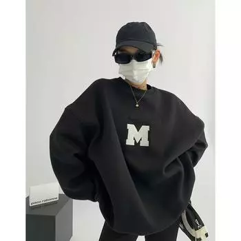 Женская одежда, серый винтажный пуловер с вышивкой букв и длинными рукавами, повседневные уличные мешковатые женские топы оверсайз в стиле хип-хоп, осенние S чёрный