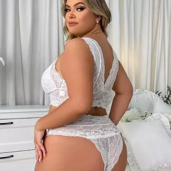 Женская одежда сексуальный и чистый кружевной кружевной перспективный комплект из двух предметов большого размера 1XL белый