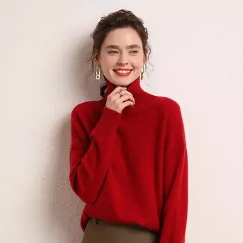 Женская одежда Шерстяной красный свитер Водолазка Свободные повседневные джемперы Пуловеры Мягкие свободные верхняя одежда Зима One Size чёрный