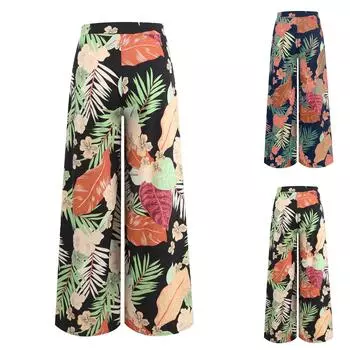 Женская одежда Широкие брюки с растительным принтом Свободные брюки для отпуска на весну и лето L чёрный