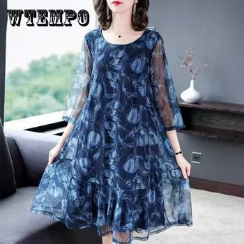 Женская одежда среднего и пожилого возраста тонкая и в иностранном стиле, материнское сетчатое платье с принтом, толстая юбка больших размеров XXXXXL синий