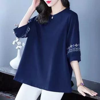Женская одежда среднего возраста большого размера с вышитыми рукавами средней длины, летняя свободная футболка средней длины с рукавами семь четвертей XL чёрный