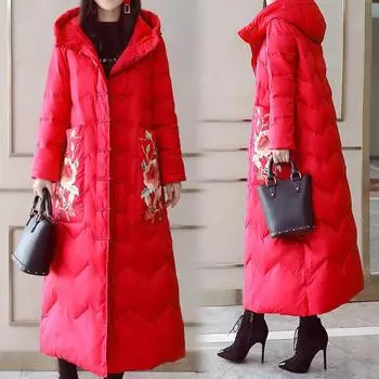 Женская одежда средней и длинной длины с хлопковой подкладкой 2024 года, новые вышитые куртки с подкладкой до колен, ветрозащитная одежда, утепленная зимняя одежда черного цвета M (recommended within 59 kg) чёрный