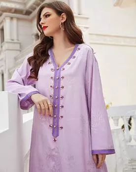 Женская одежда Светло-фиолетовое жаккардовое мусульманское платье ручной работы со стразами Длинное платье Абая S светло-фиолетовый