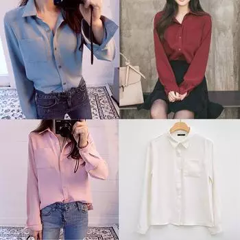 Женская одежда Свободная однотонная повседневная рубашка большого размера с длинным рукавом S белый