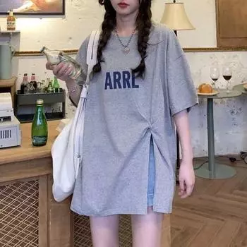 Женская одежда, свободные футболки с раздельным краем, новые летние футболки с короткими рукавами и принтом букв, универсальные однотонные топы, футболки, повседневная мода M серый