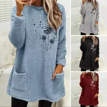 Женская одежда Свободные толстовки с длинным рукавом и растительным принтом Двусторонний бархатный карман с круглым вырезом Толстовка S светло-синий