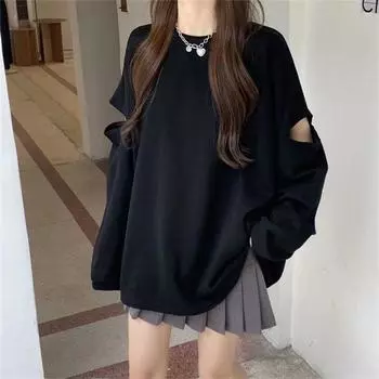 Женская одежда Свободные трендовые футболки с дырками Весна Осень Новые Длинные рукава О-образным вырезом Большие размеры Повседневные топы Мода Винтаж S чёрный