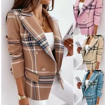 Женская одежда Tooxika 2024 Весна и осень Новый двубортный костюм с длинными рукавами и клетчатым принтом Короткая куртка для женщин L синий