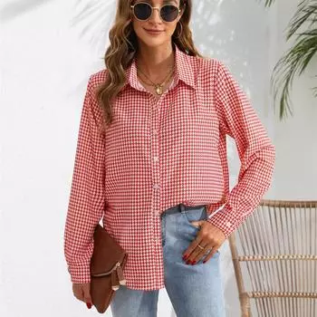 Женская одежда, топы с принтом на весну и осень, воротники-лацканы, клетчатая блузка, женская свободная повседневная рубашка с длинным рукавом S чёрный