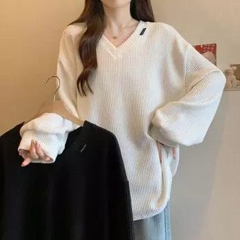 Женская одежда Тренд Свободные универсальные молодежные футболки Весна Осень Длинные рукава Однотонные Простота Уличные повседневные топы Мода Винтаж S чёрный