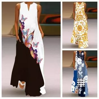 Женская одежда Весенняя и летняя мода с принтом Длинная юбка Платье Повседневные платья для пляжного отдыха S